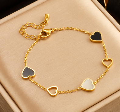 18K Gold Black & White Heart Bracelet